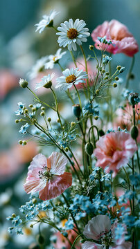 Beautiful colorful wildflowers blooming in a natural meadow, vertical photo featuring vibrant blossoms, fresh spring beauty and peaceful countryside scenery