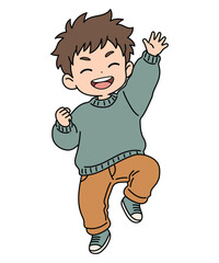 Happy cartoon boy jumping with raised hand isolated on white background vector illustration