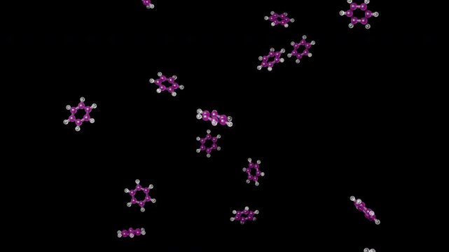 A glassy white benzene chemical model floats and ascends within a clean digital laboratory space. The modern organic chemistry presentation features beautiful depth of field effects.