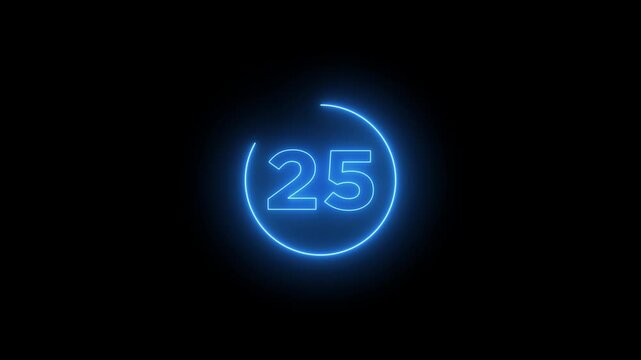 Glowing neon 30 second countdown timer animation on black background.Progress bars circle with countdown animation. Circular Percentage Loading Bar Animation on Dark Background.