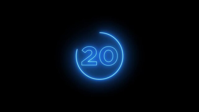 Glowing neon 25 second countdown timer animation on black background.Progress bars circle with countdown animation. Circular Percentage Loading Bar Animation on Dark Background.