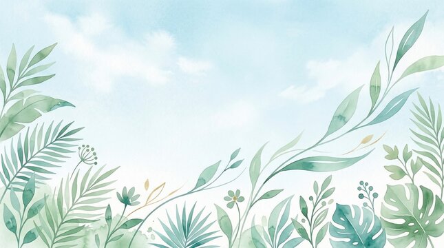 Watercolor tropical leaves and flowers on a blue sky background