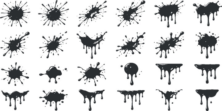 Set of Black Ink Blots and Splashes Silhouette Collection with Wildlife Trees Deer Birds Forest Landscape Safari Nature Vector Illustration at Sunset Night Sky Wild Animal Design
