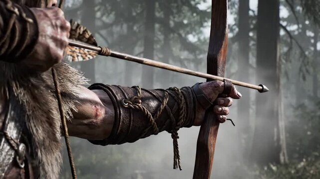 Archer aims bow and arrow in forest, medieval warrior, hunter, fantasy combat