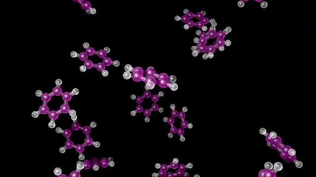 A 3d aromatic hydrocarbon benzene molecule moves upwards in a steady ascending motion. The glowing microscopic particles deliver an elegant medical and scientific look.