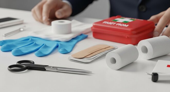 A comprehensive first aid kit with essential medical supplies, bandages, gloves, and scissors prepared for emergency care