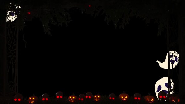 Halloween jack-o'-lanterns with glowing eyes line the bottom edge of this dark frame featuring ghost decorations and spooky holiday vibes.