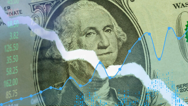 The economic recession and financial currency depreciation of the United States dollar along with market trends amidst global volatility The illustration includes a torn one dollar bill 