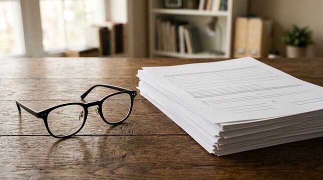 Stack of blank loan modification documents resting beside a pair of reading glasses on a wooden &ndash; Blank Loan Document Finance Concept, No People Stock Photo