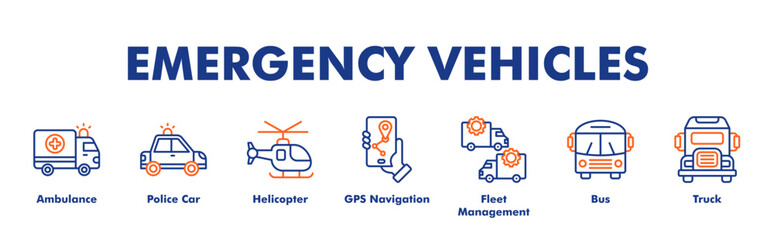 EMERGENCY VEHICLES web banner icon vector illustration concept with icon of Ambulance, Police Car, Helicopter, GPS Navigation, Fleet Management, Bus, Truck  © Kron Visual