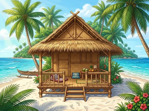 Tropical bamboo hut on a sunny beach
