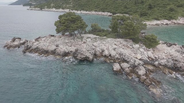 Small Rocky Island with Pine Trees in Turquoise Sea