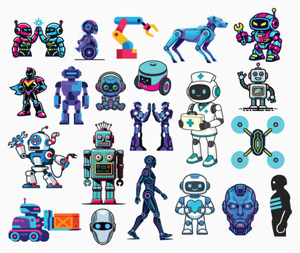 Robot clipart bundle set, Futuristic AI robots, drones and robotic arm vector illustration