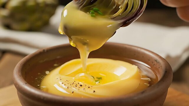 Artichoke leaf dipping into creamy yellow sauce in a rustic bowl. Gourmet vegetable appetizer served with melted butter and herbs. Mediterranean food concept, ideal for culinary blogs and menus.