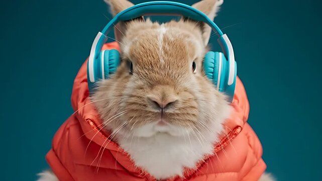 Cute rabbit wearing a red puffer jacket and blue headphones. The fluffy bunny poses in stylish pet clothes against a blue background. Fun anthropomorphic concept for music and fashion branding.