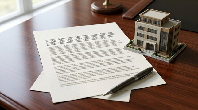 Blank commercial-property mortgage document resting beside a small model office building on a polished desk &ndash; Blank Loan Document Finance Concept, No People Stock Photo
