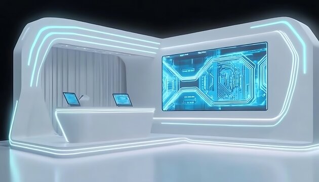 Futuristic exhibition booth with glowing blue lines and large screen displaying technology.