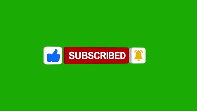 3D Animated subscribe button with like icon and bell on green chroma background.