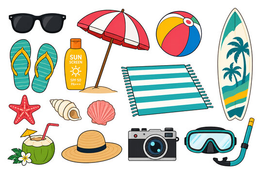 Summer beach vacation elements and icons set
