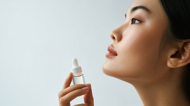Side angle of person tilting head upward while holding eye dropper capturing a moment of self care and beauty routine
