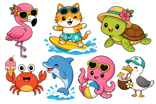 Cute cartoon summer beach animals sticker set