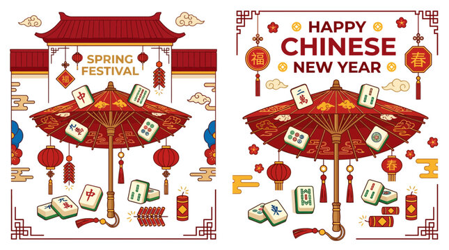 Chinese New Year mahjong game and spring festival umbrella.