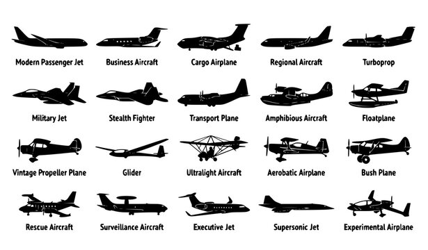 Aviation Airplane Silhouette Collection with Multiple Aircraft Types Vector Illustration