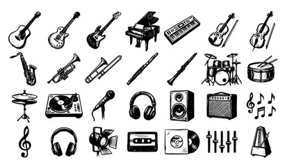 Dark Doodle Music Instrument Set with Hand Drawn Guitar Piano Drums and Audio Equipment Vector Illustration © Tuzmmal