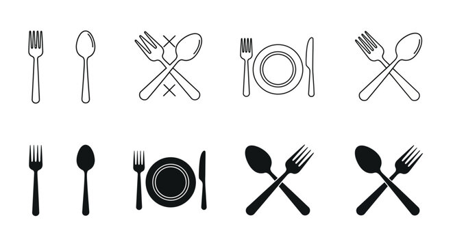Minimalist cutlery icons set, black and white restaurant silverware symbols, 10 vector kitchen utensil elements, dining and catering signage