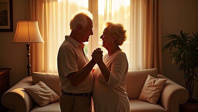 Happy elderly senior couple enjoying a slow dance in a sunlit living room with lifestyle together retirement