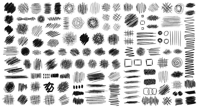 Hand drawn pencil scribbles and charcoal texture set, black ink brush strokes and doodle shapes vector, messy graphite hatch marks collection