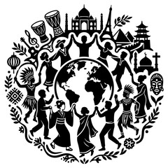 Fototapeta premium global unity and cultural diversity with people holding hands around earth surrounded by world cultures iconic landmarks and peace.