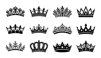 Royal Crown Icons Set, Elegant Regal Headwear Vector Collection, Vintage Ornate Tiaras for Royalty and Prestige Graphics © Rofik