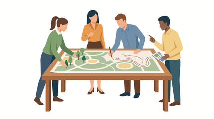 Fototapeta premium Architects collaborate around a large table to review a detailed urban landscape project model in a modern office environment.