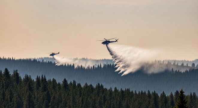 Helicopters battling wildfire with water drops over a dense forest landscape