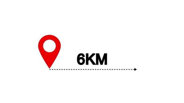 Distance from one place to another is one kilometer. location icon, 6 km distance icon
