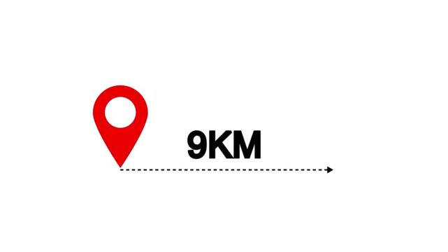 9 km distance from one place to another animation isolated on white background