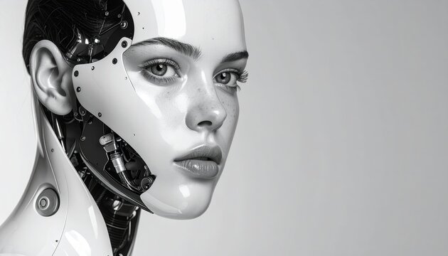 Robot AI face half-human half-machine, clean portrait