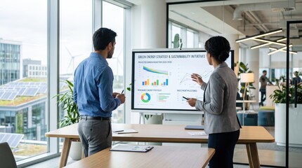 Fototapeta premium Business professionals analyzing green energy strategy and sustainability initiatives on digital screen, corporate meeting about renewable power solutions