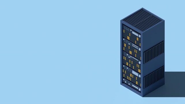 3D server rack animation. Isometric server. Server network equipment. Computer network technology. Isometric technology. 4K video animated in isometric style