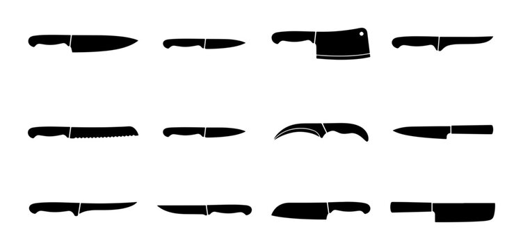 Kitchen Knife Set, Chef Knives Collection, Culinary Tools Icons, Slicing Blades, Food Preparation Utensils, Vector Graphics