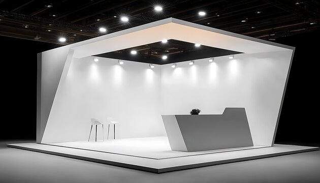 Modern white exhibition stand with reception desk and seating areas for trade show.