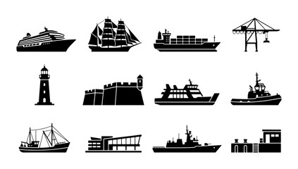 Maritime Vessels and Port Infrastructure Vector Icons: Cruise Ship, Sailboat, Cargo Ship, Crane, Lighthouse, Fortress, Ferry, Tugboat, Fishing Boat, Modern Building, Warship, Dock © Robin