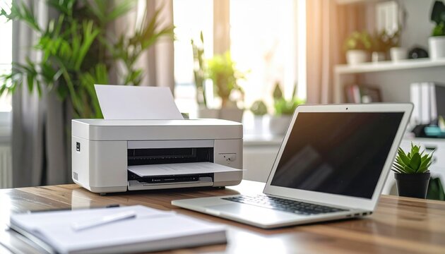 Modern printer and laptop in home office