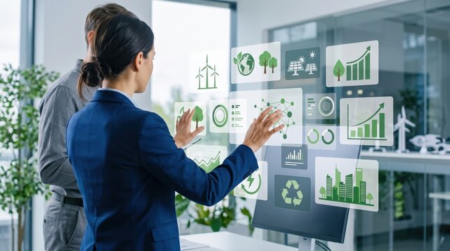 Woman touching virtual hologram screen with green energy icons, sustainability concept, renewable resources, eco-friendly technology, future innovation, environmental protection