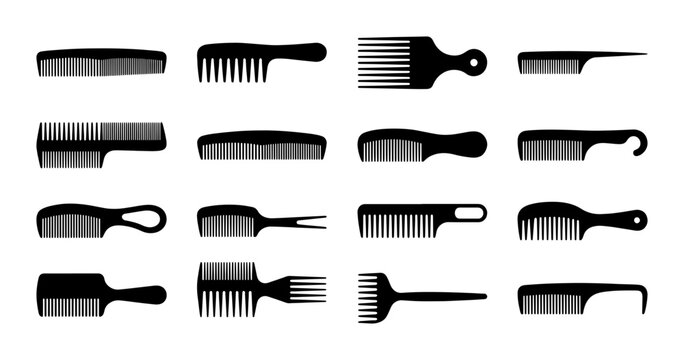 Collection of 16 Black Hair Combs and Styling Tools, Vector Icons for Hairdressing and Grooming Services, Isolated on White Background