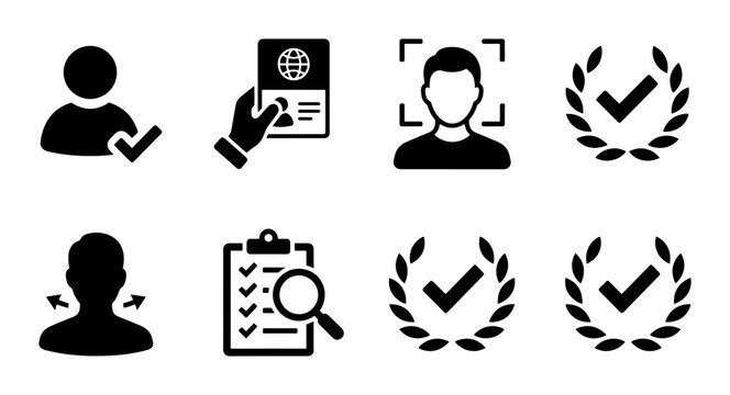 Identity Verification Icons Set: Passport, Face Scan, Checklist, Laurel Wreath, User Profile, Authentication Symbols, Vector Graphics