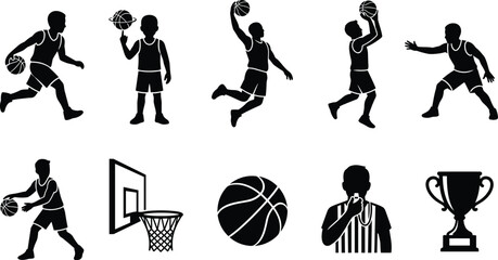 vector set of black basketball player silhouettes and game equipment icons collection isolated on a plain white background for athletic design elements  © MstMonjila