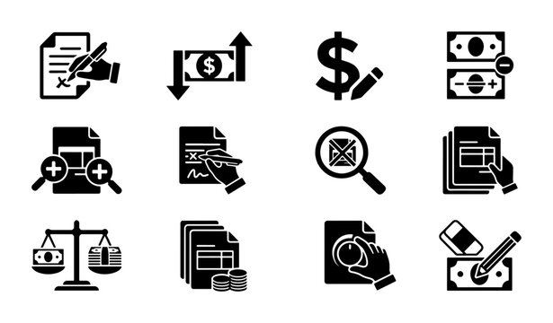 Financial Icons Set: Accounting, Money Management, and Budgeting Vector Graphics for Business and Commerce