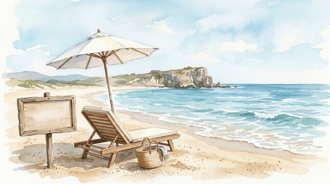 Watercolor beach scene with lounge chair and wooden sign